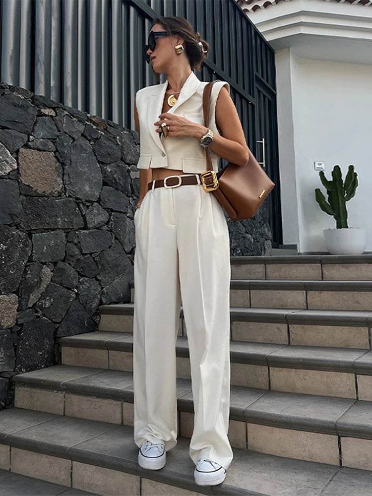 Elegant Women's Vest Pant Set - V-Neck Sleeveless Top & Wide-Leg Pants - Buy Center UK