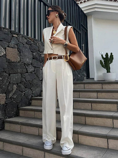 Elegant Women's Vest Pant Set - V-Neck Sleeveless Top & Wide-Leg Pants - Buy Center UK