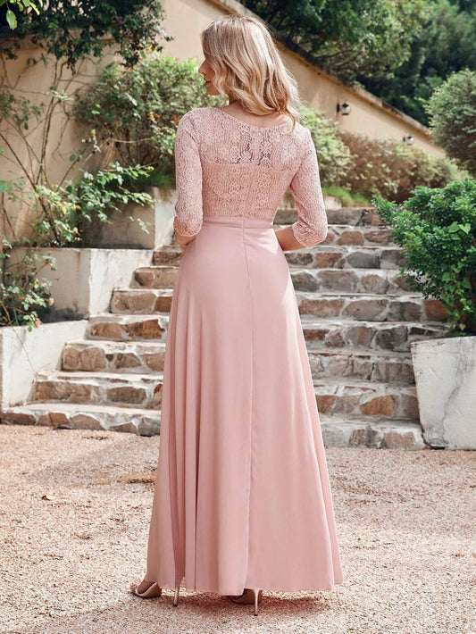 Buy Center Lace Chiffon Long Bridesmaid Dress - A-Line, 3/4 Sleeve - Buy Center UK