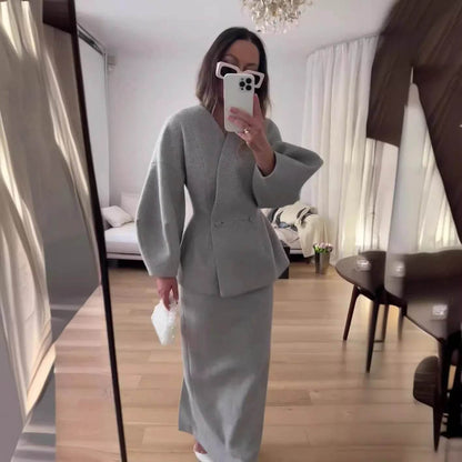 Elegant Blazer Coat Skirt Set - Slim V-Neck, Lantern Sleeve Chic - Buy Center UK
