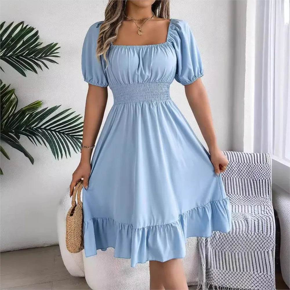 Women's Midi Dress 2024 - Elegant Square Neck and Ruffle Edge - Buy Center UK