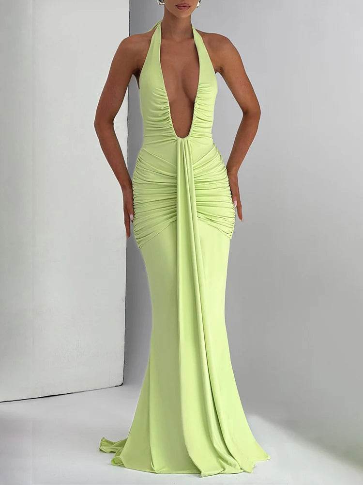 Mozision Sexy Deep V Neck Backless Maxi Dress - Halter Gown for Women - Buy Center UK