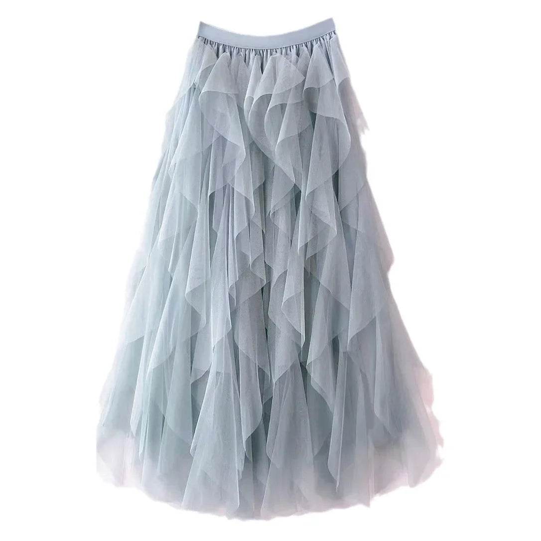 Buy Center High-Waisted A-Line Mesh Skirt - Ruffle Edge Puff Design - Buy Center UK