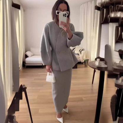 Elegant Blazer Coat Skirt Set - Slim V-Neck, Lantern Sleeve Chic - Buy Center UK