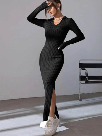 Spring 2024 Knitted Slim Lapel Dress - Long Sleeve, Elegant Fit - Buy Center UK