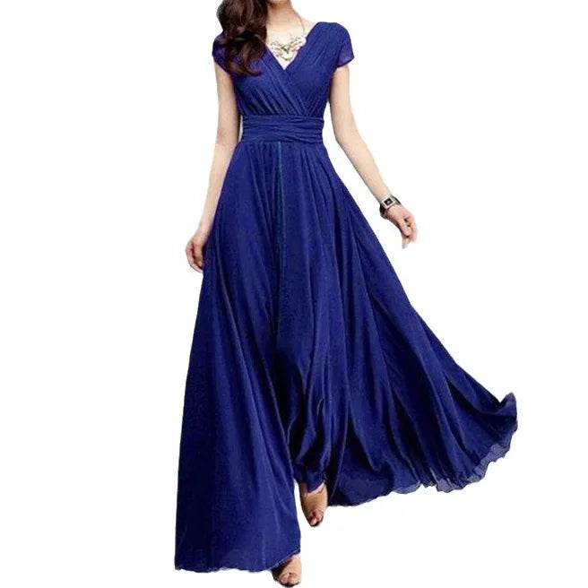 Elegant Women's Short-Sleeved Chiffon Dress - Floor-Length Bohemian Style - Buy Center UK