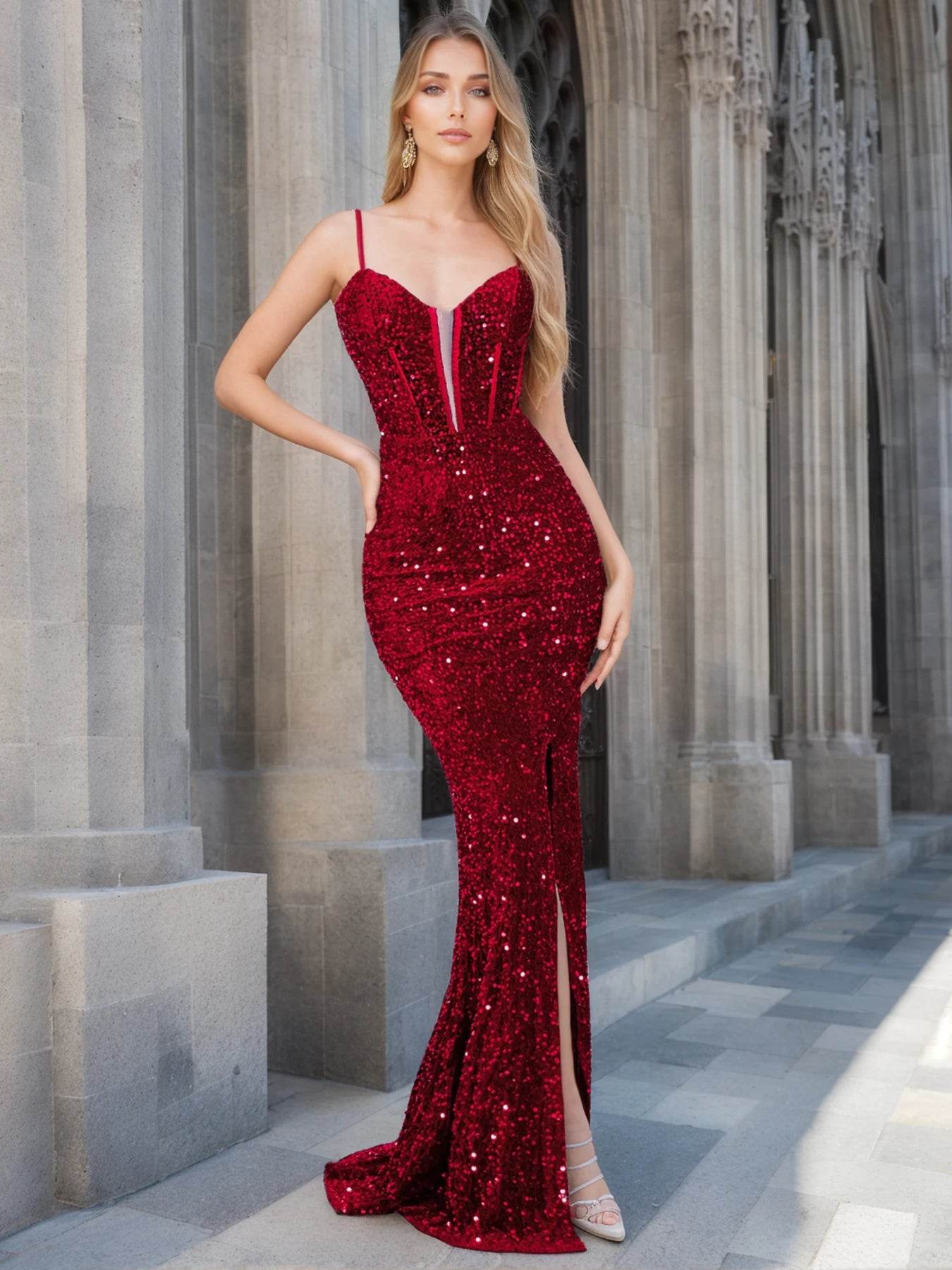 Romagic Deep V Neck Open Back Gown - Sequin Party Dress 2025 - Buy Center UK
