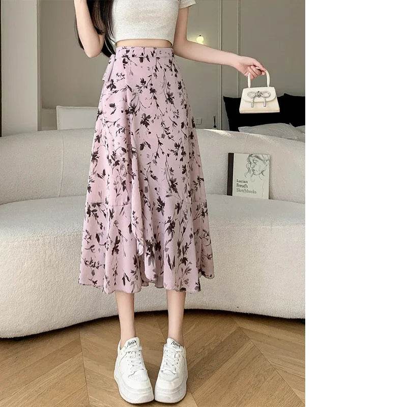 REALEFT Vintage Floral A-line Skirt - High Waist Midi Length - Buy Center UK
