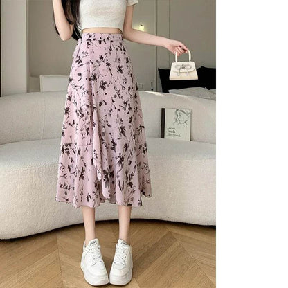 REALEFT Vintage Floral A-line Skirt - High Waist Midi Length - Buy Center UK
