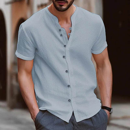 Buy Center Men's Short-Sleeved Cotton Hemp Shirt - Retro Solid Colors - Buy Center UK