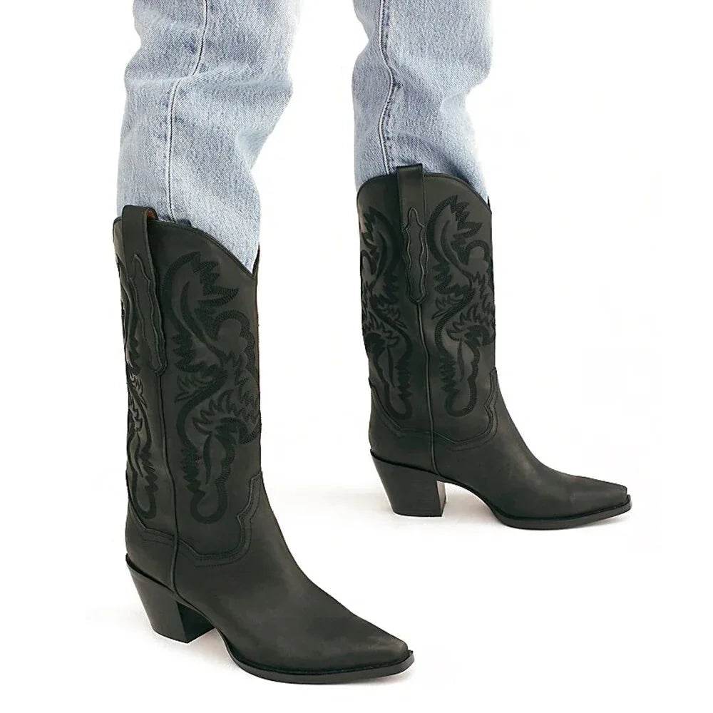 Buy Center Women's Embroidered Knee High Cowboy Boots - Chunky Heel - Buy Center UK
