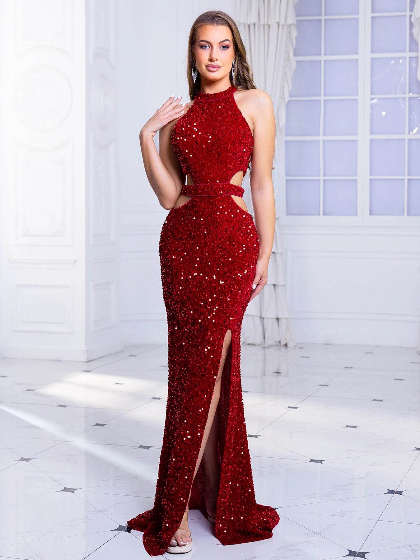 Romagic Off Shoulder Evening Gown - Sexy Red Sequin Cut-Out Dress - Buy Center UK