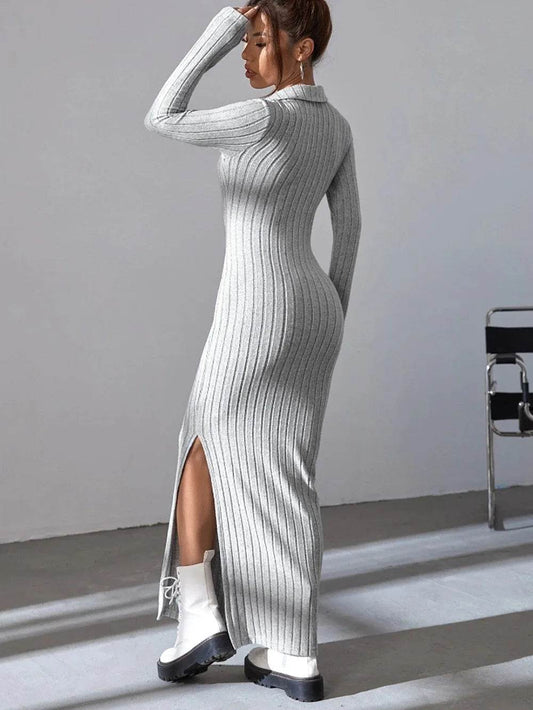 Spring 2024 Knitted Slim Lapel Dress - Long Sleeve, Elegant Fit - Buy Center UK