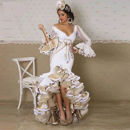 Puff Tiered Ruffles V-Neck Mermaid Gown - Elegant Evening Dress - Buy Center UK