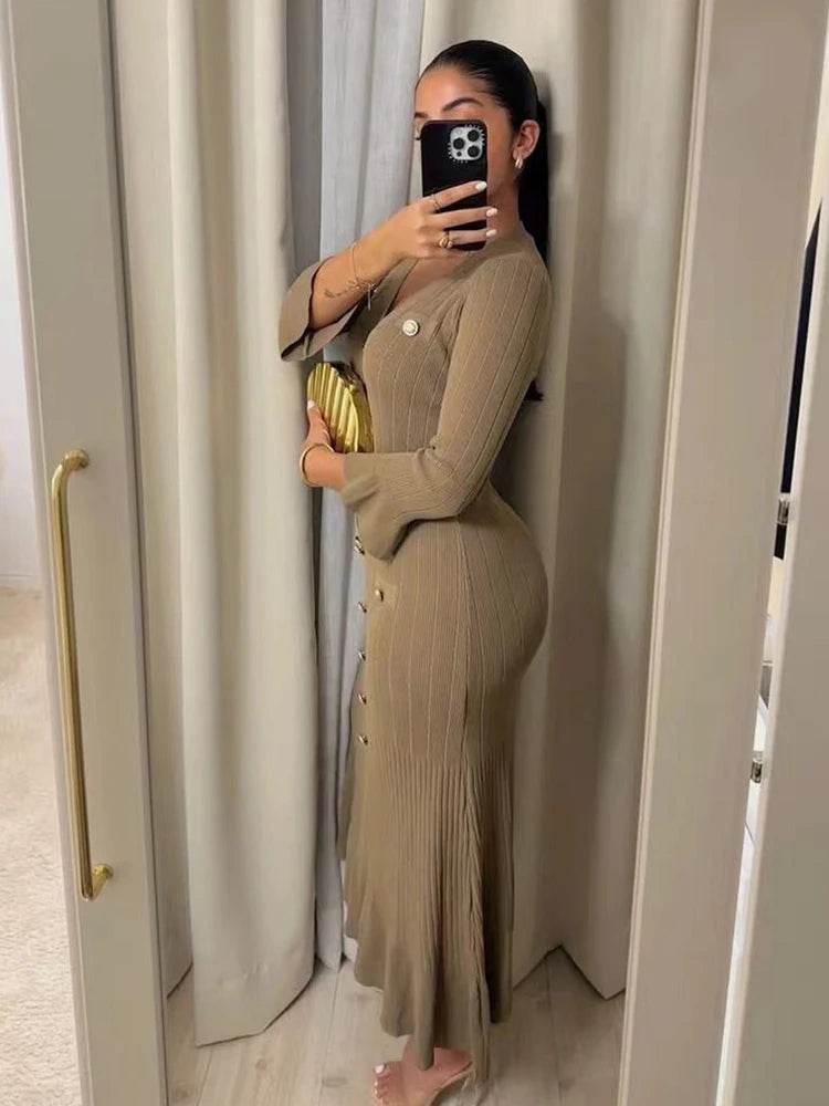 Elegant Knitted Long Dress for Women - V-Neck Flare Sleeve Style - Buy Center UK
