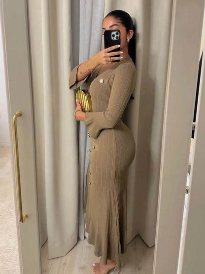 Elegant Knitted Long Dress for Women - V-Neck Flare Sleeve Style - Buy Center UK