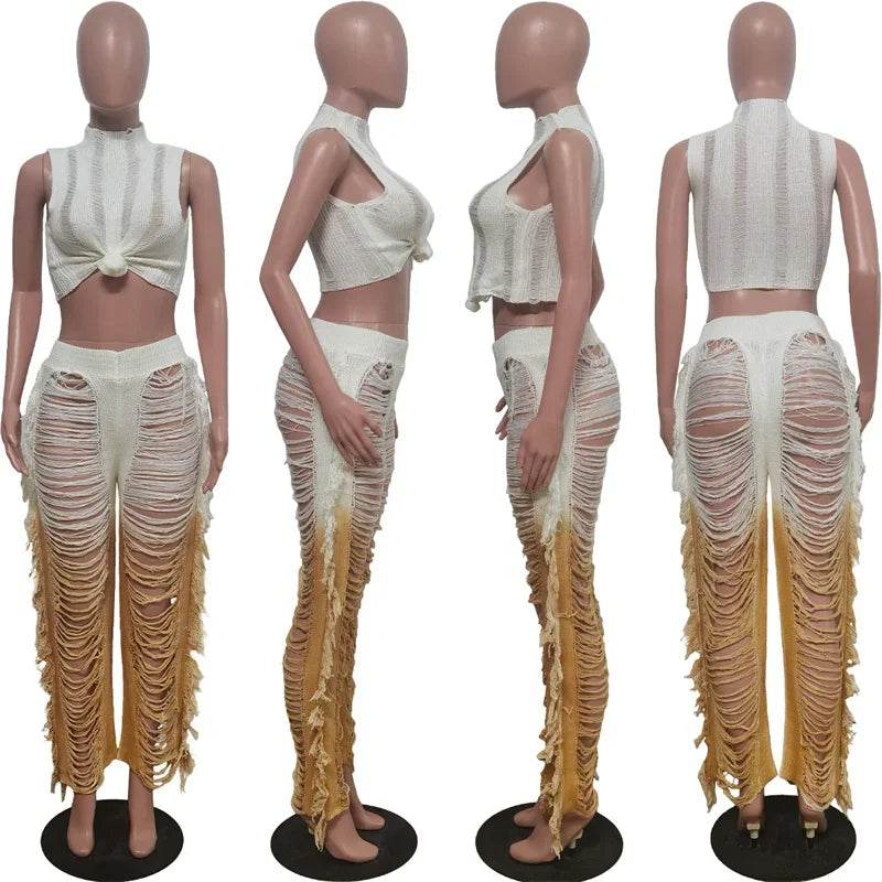 Gradient Color Crochet Two Piece Set - Summer Crop Top & Wide Leg Pants - Buy Center UK
