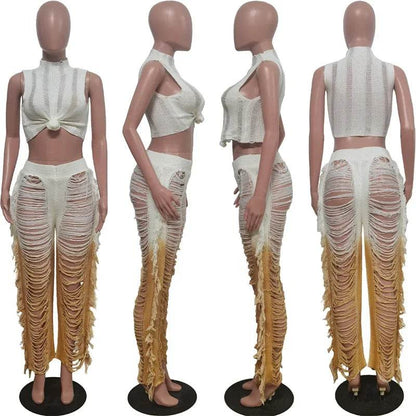 Gradient Color Crochet Two Piece Set - Summer Crop Top & Wide Leg Pants - Buy Center UK