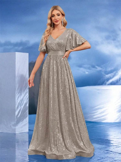 Luxury V Neck Evening Dress 2024 - Sequin A-Line Gown for Women - Buy Center UK