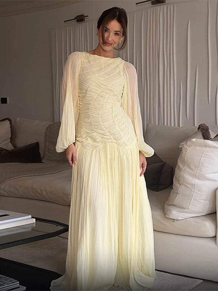 Elegant Lantern Sleeve Beach Dress - Summer O-neck Chic Style - Buy Center UK