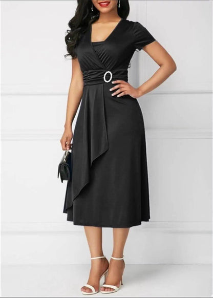 Elegant Summer Midi Dress - Women’s V Neck Asymmetric Hem Style - Buy Center UK