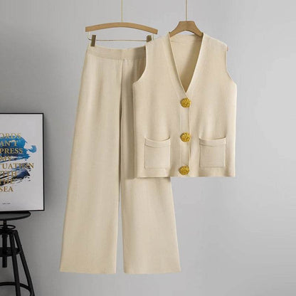 Buy Center Casual Knit Women’s Suit - V-neck Sleeveless & Wide Leg Pants - Buy Center UK