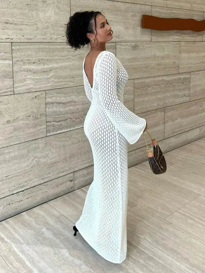 BWQ White Knit Maxi Dress - See-Through V-Neck Beach Cover Up - Buy Center UK