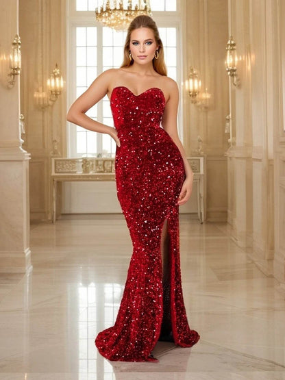 Romagic Red Sequin Cocktail Dress - Strapless Mermaid Style, Sexy Slit - Buy Center UK