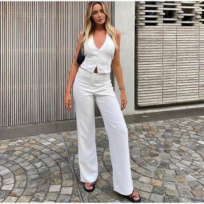 Halter Vest Coat & Wide Leg Pants Set - Chic Backless Outfit for Women - Buy Center UK