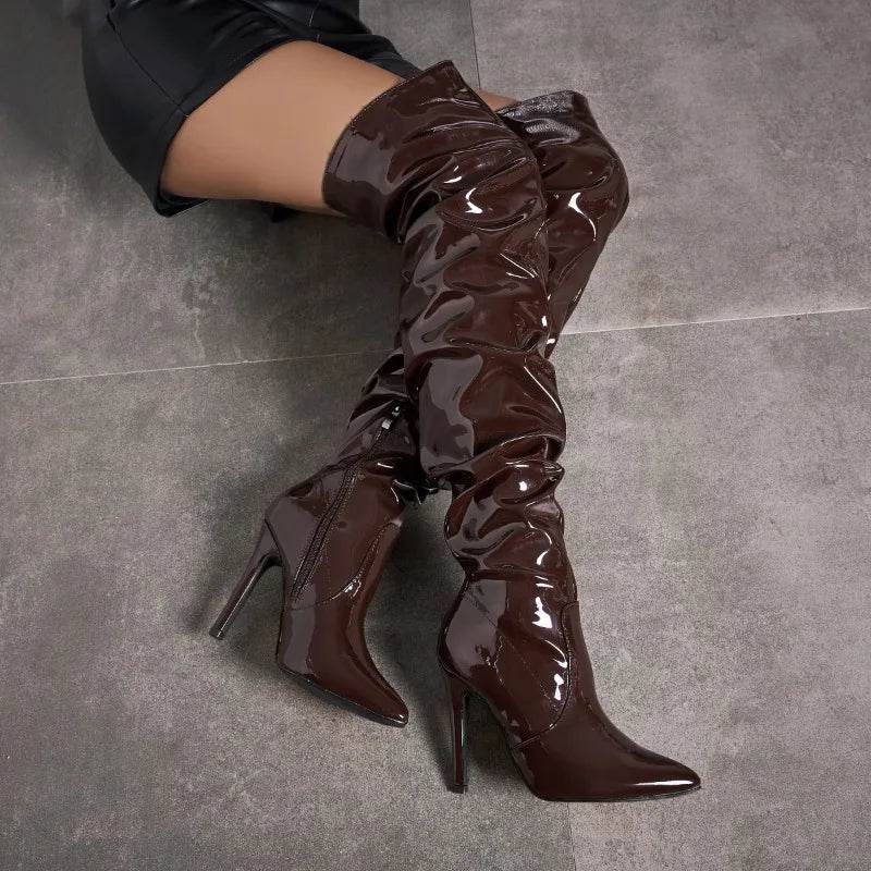 Sharp Pointed Women's High Heel Boots - Stylish Patent Leather Design - Buy Center UK