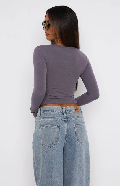 Buy Center Womens V Neck Henley T Shirt - Y2K Slim Fit Crop Top - Buy Center UK