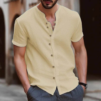 Buy Center Men's Short-Sleeved Cotton Hemp Shirt - Retro Solid Colors - Buy Center UK