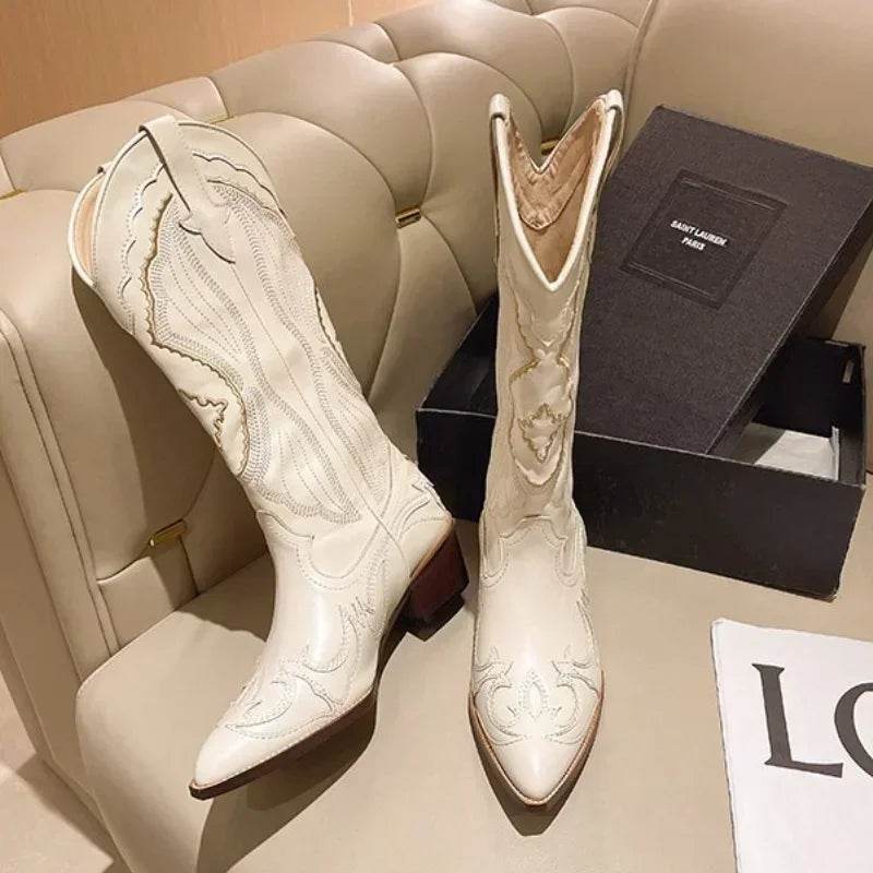 YBQJOO Vintage Square Heel Cowboy Boots for Women - Embroidered Style - Buy Center UK