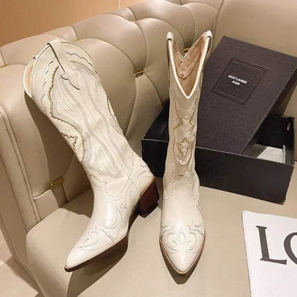 YBQJOO Vintage Square Heel Cowboy Boots for Women - Embroidered Style - Buy Center UK