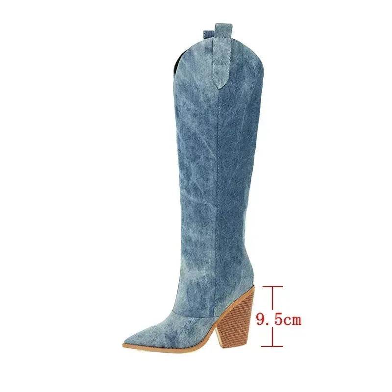 Buy Center Denim Western Knee High Boots - Stylish High Heel Design - Buy Center UK