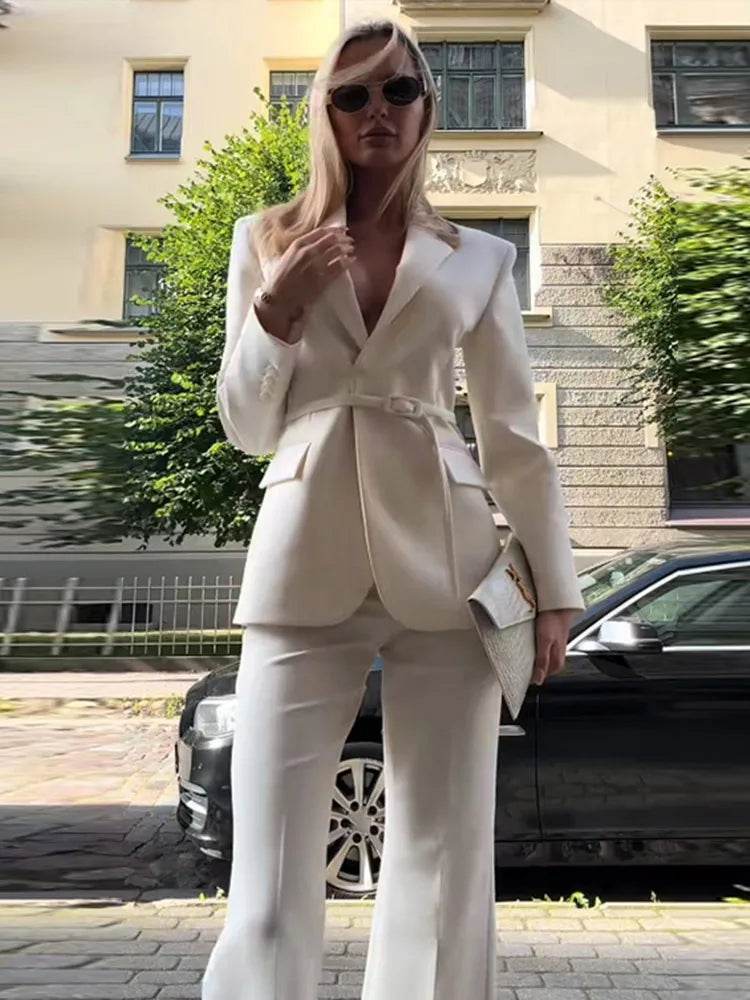 Women's Blazer Suit Trouser Set - High Waist Pants & Lace-Up Coat - Buy Center UK