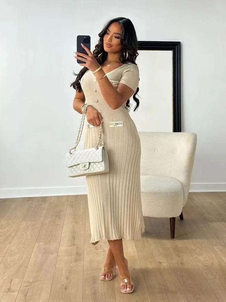 Buy Center Elegant Knitted Long Dress - V-neck Bodycon for Summer - Buy Center UK