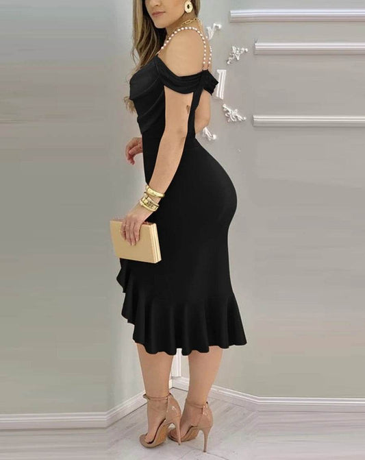 Buy Center Off Shoulder Midi Dress - Ruffle Hem & Slit Design - Buy Center UK