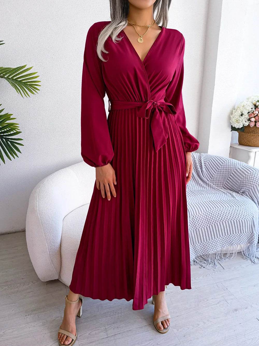 Buy Center Women’s Elegant V Neck Maxi Dress - Long Sleeve & Pleated - Buy Center UK