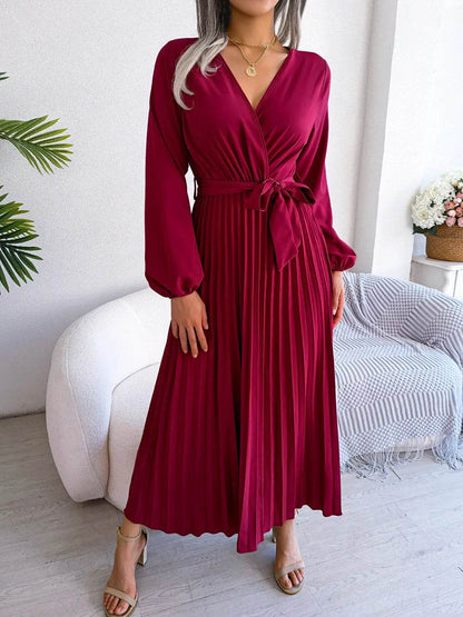 Buy Center Women’s Elegant V Neck Maxi Dress - Long Sleeve & Pleated - Buy Center UK