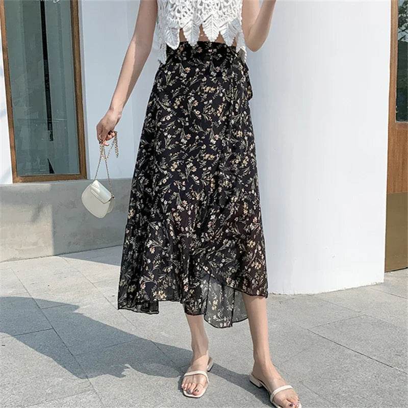 REALEFT Vintage Floral A-line Skirt - High Waist Midi Length - Buy Center UK