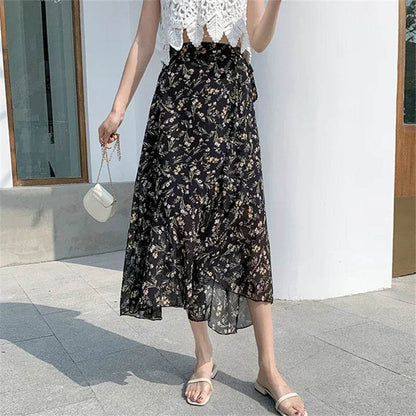 REALEFT Vintage Floral A-line Skirt - High Waist Midi Length - Buy Center UK