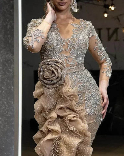 Buy Center Sexy Gold Bling Dress - Long Sleeve Lace & Sequin Elegance - Buy Center UK