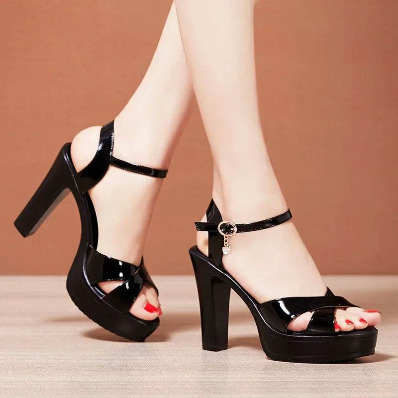 YanCloud Elegant Patent Leather Sandals - High Block Heels for Office - Buy Center UK