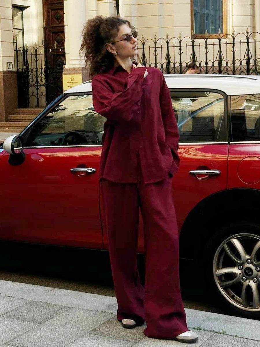 Buy Center Women's Casual Cotton Linen Pant Set - Chic Long Sleeve - Buy Center UK