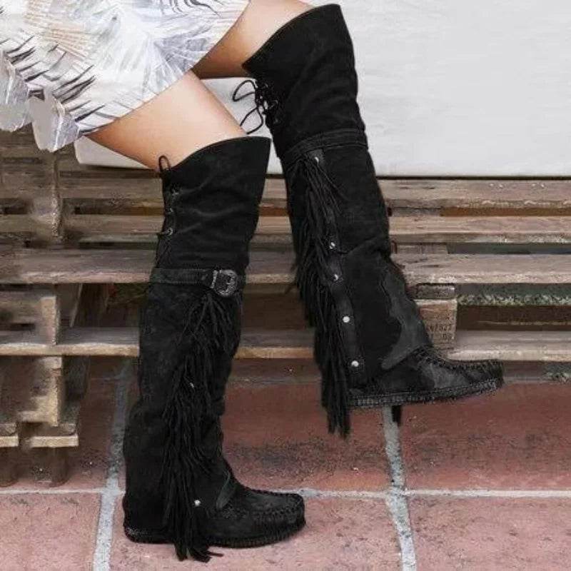 Buy Center Bohemian Knee-Length Boots - Faux Suede with Fringes - Buy Center UK