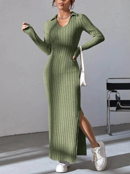 Spring 2024 Knitted Slim Lapel Dress - Long Sleeve, Elegant Fit - Buy Center UK