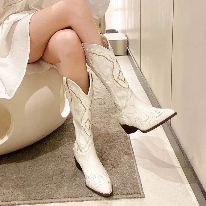 YBQJOO Vintage Square Heel Cowboy Boots for Women - Embroidered Style - Buy Center UK