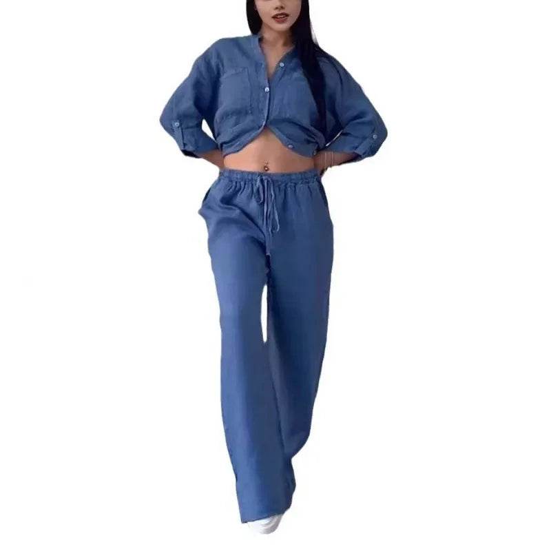 Buy Center Women's Linen Drawstring Shirt & Wide Leg Pants Set - Buy Center UK
