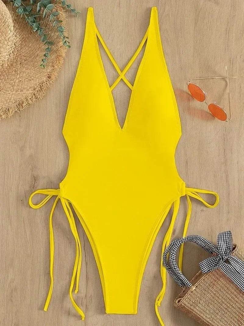 Fashion Solid Deep V Neck One Piece Swimsuit - Stylish Monokini for Women - Buy Center UK